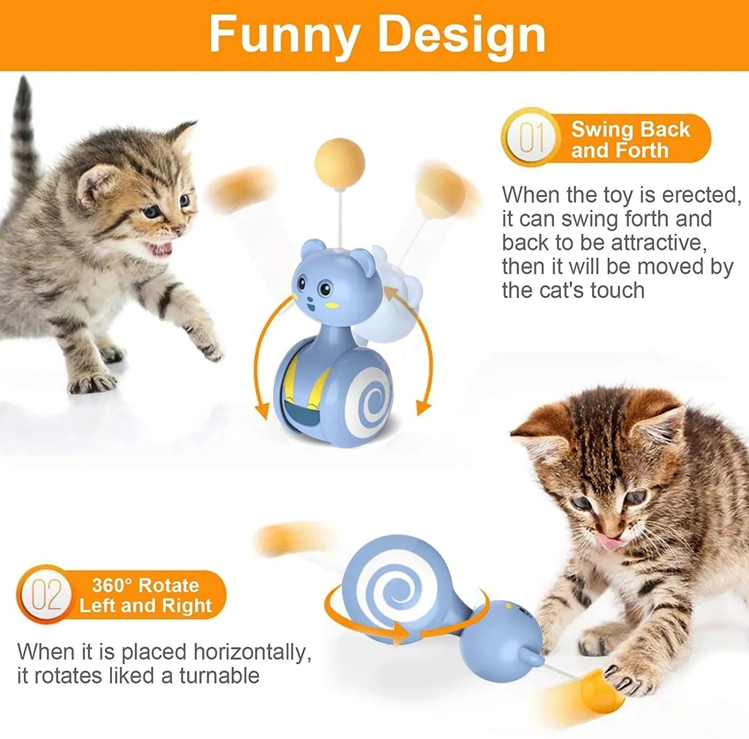 Pink and blue interactive cat toy with feather wand and rotating ball on bumbler base