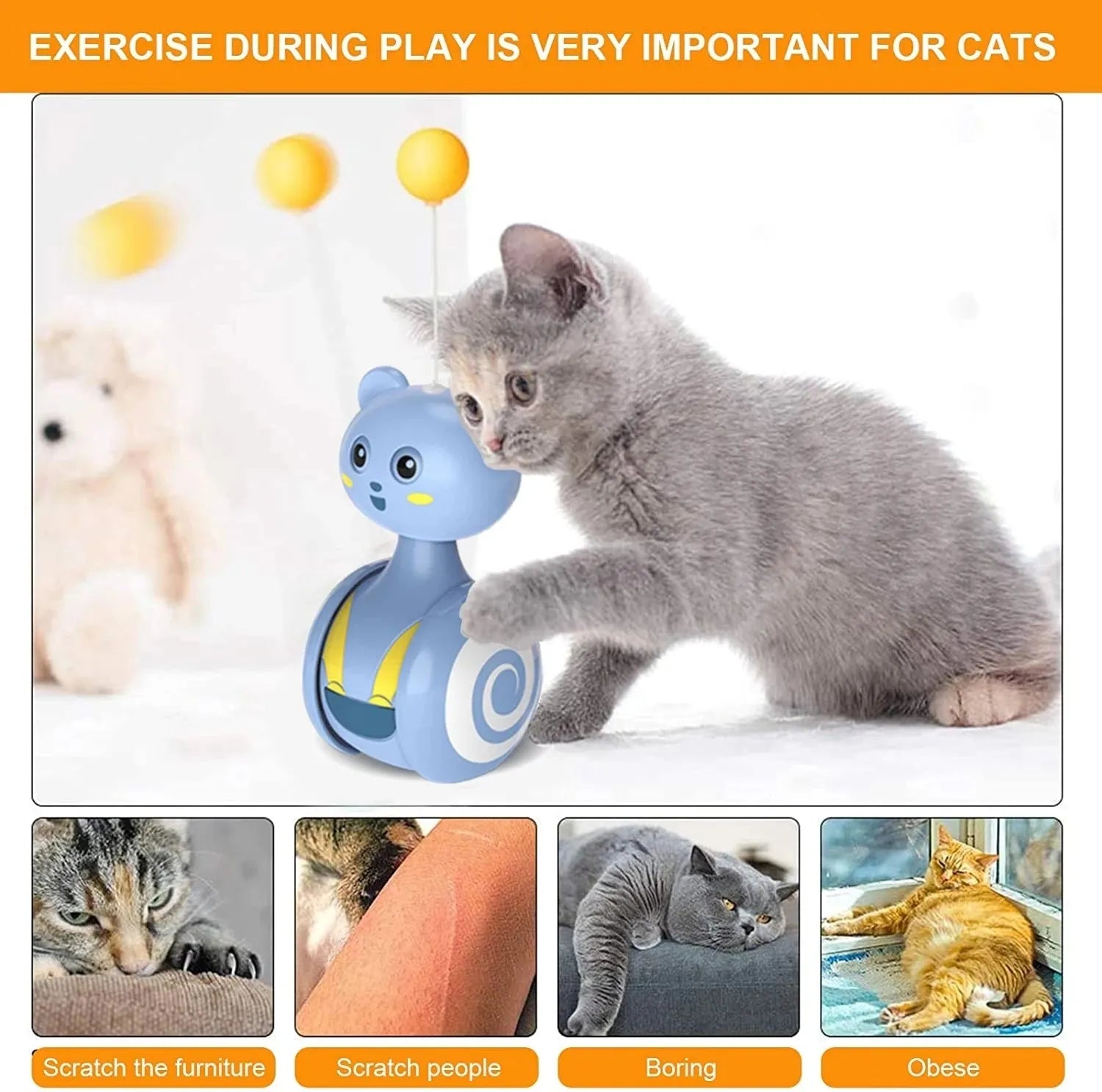 Pink and blue interactive cat toy with feather wand and rotating ball on bumbler base