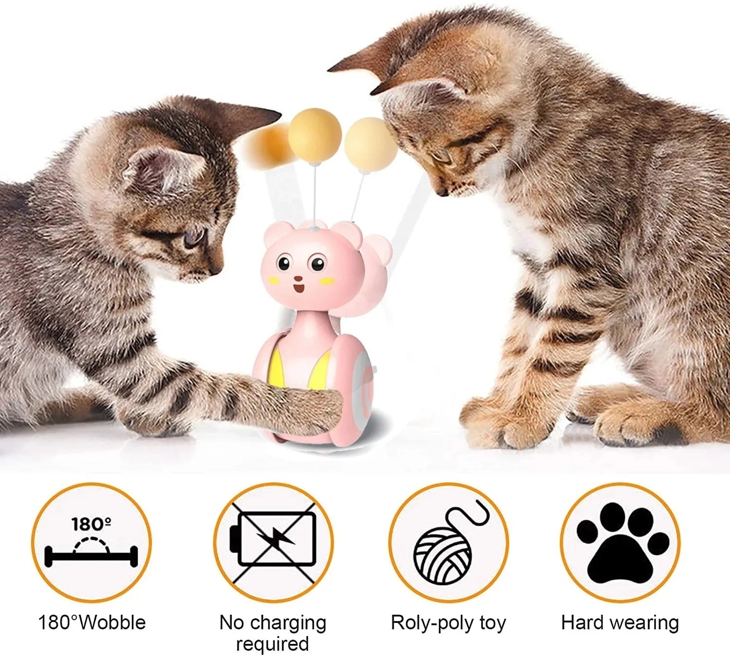 Pink and blue interactive cat toy with feather wand and rotating ball on bumbler base