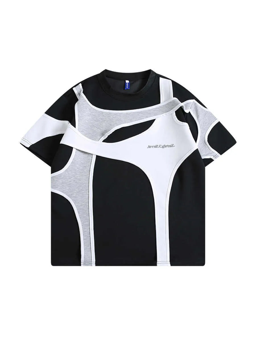 Men's black short sleeve T-shirt showing padded shoulder detail and round neck.