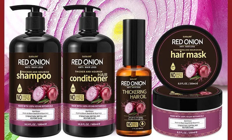 Red onion shampoo and conditioner set showing four bottles: shampoo, conditioner, hair mask, and essential oil.