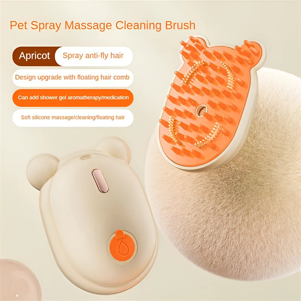 Pink rechargeable 3-in-1 pet grooming brush with spray function and removable silicone comb