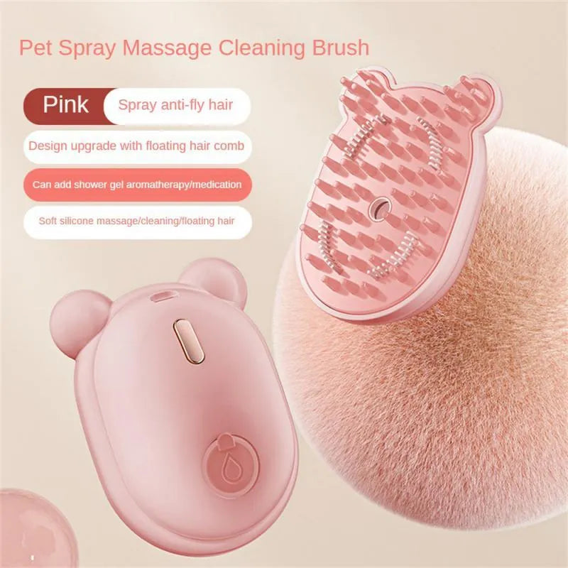 Pink rechargeable 3-in-1 pet grooming brush with spray function and removable silicone comb