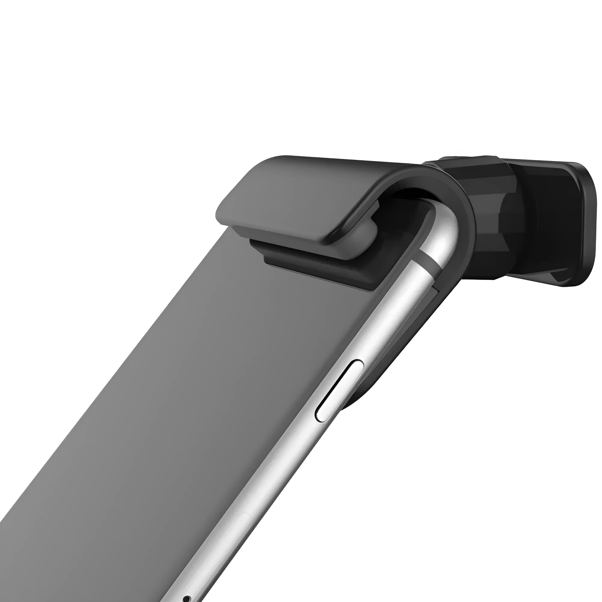 Black gravity car phone holder with adhesive mount, showing 360-degree rotation mechanism.