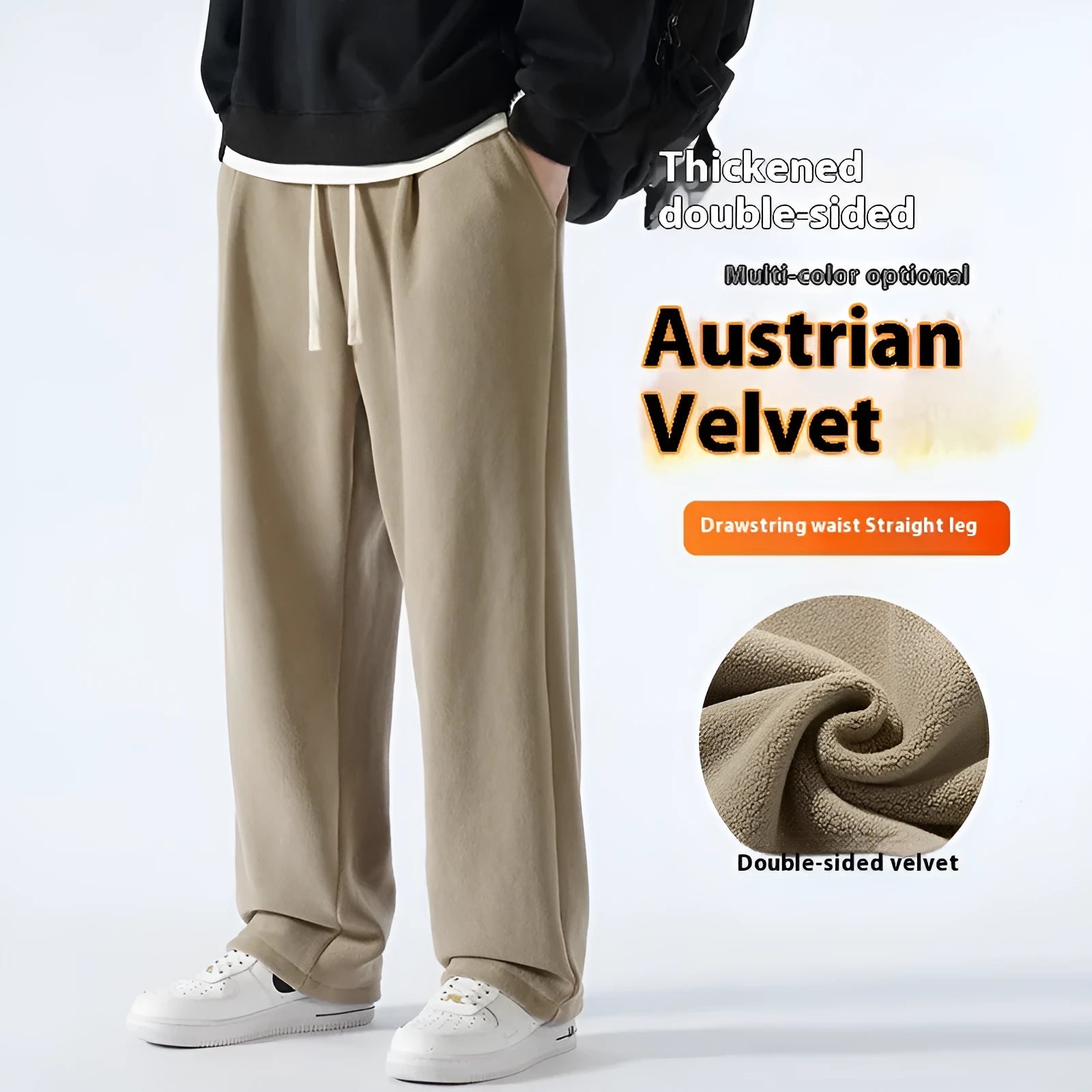 Men's apricot coloured loose-fit polar fleece trousers with a thick lining and drawstring waist.