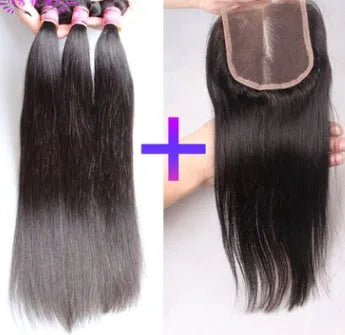 Straight human hair curtain weft with closure wig accessory in natural black colour