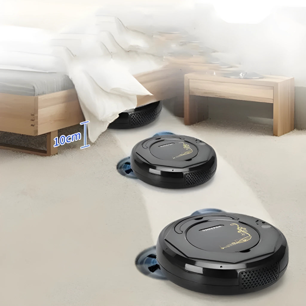 Lazy Smart floor sweeping robot vacuum cleaner in black, blue, or white on hard wood flooring