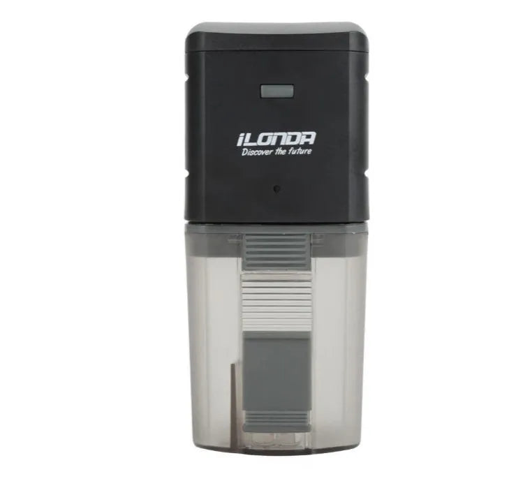Black automatic fish feeder with timer, 175ml capacity, fixed clamp and velcro strap for tank installation