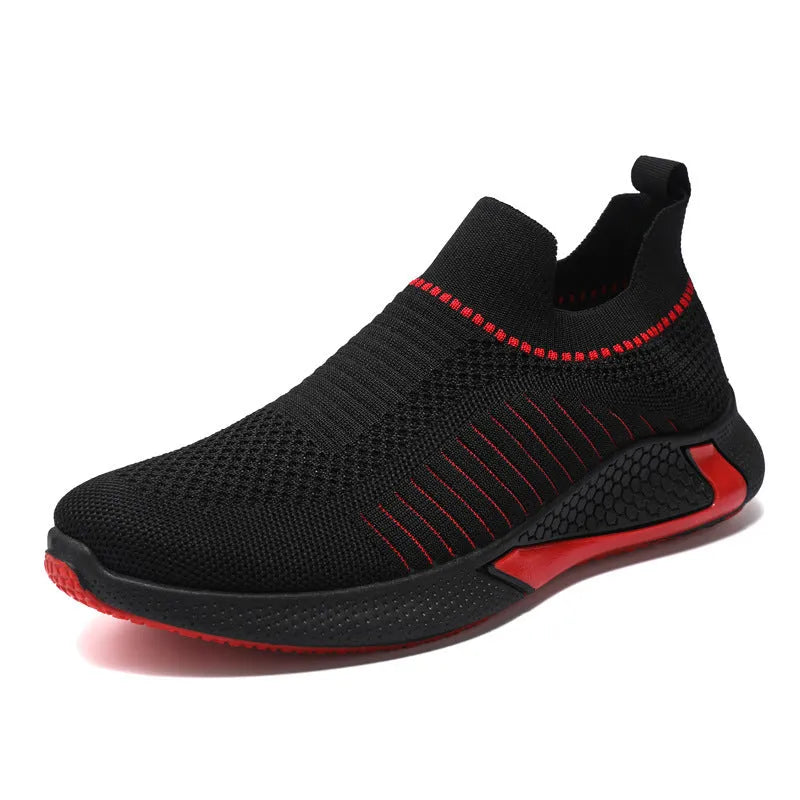 Men's low-top striped sneakers with flyknit mesh upper and slip-on lace design
