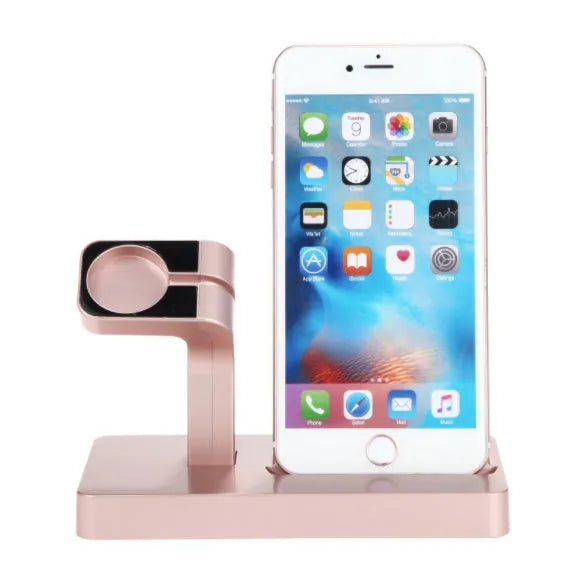 White 2-in-1 desktop charging dock station holding an iPhone and an Apple Watch for simultaneous charging.