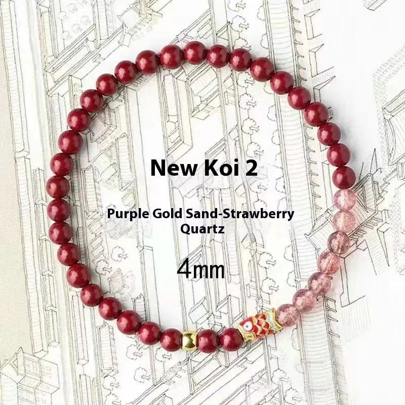 Purple cinnabar and pink strawberry quartz beaded bracelet with retro styling