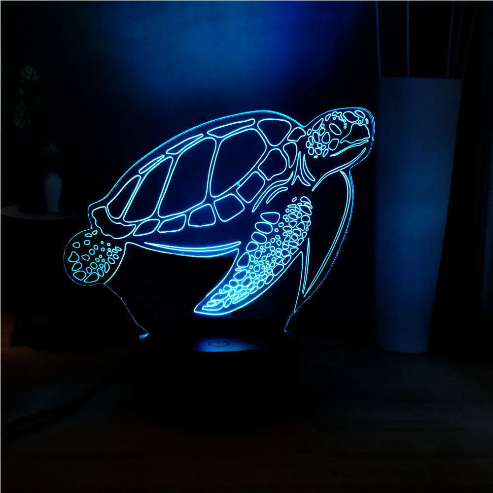 3D LED turtle night light with acrylic base showing multi-colour illumination and remote control
