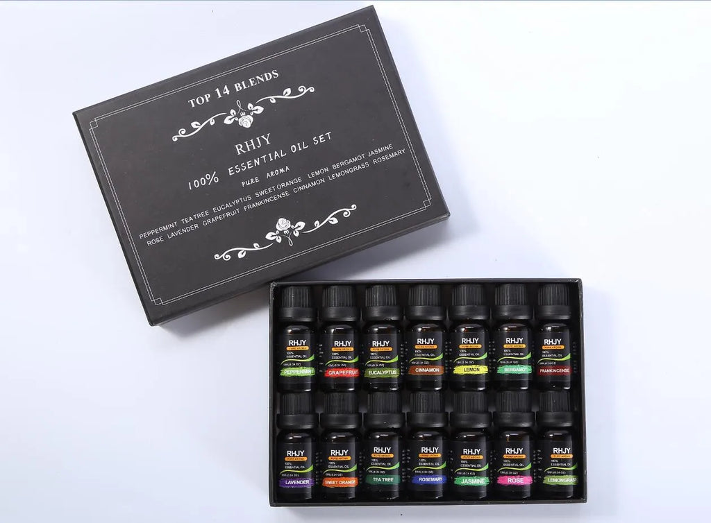 Set of fourteen 10ml bottles of 100% pure aromatherapy essential oils in various fragrances