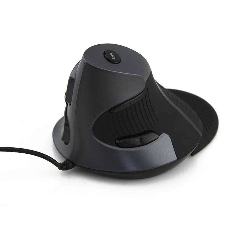Black vertical ergonomic computer mouse showing contoured shape for right-handed use with USB cable