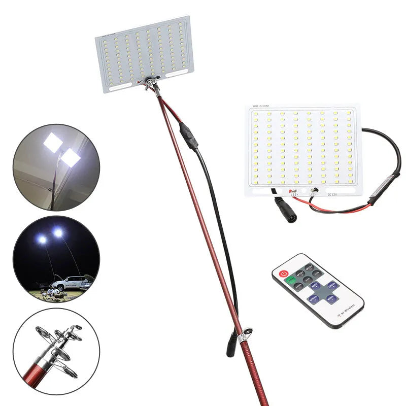 CL-LB-M7 LED light panel mounted on a tall telescopic fishing rod with a remote control.