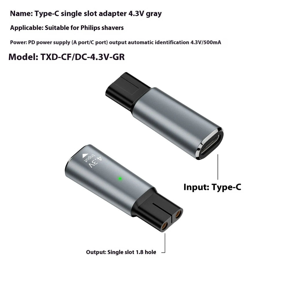 Black aluminium USB-C charging adapter for electric shavers with 8W 4.3V output.