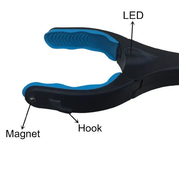 Blue foldable portable pick-up tool with extended aluminium handle and TPR handgrip.