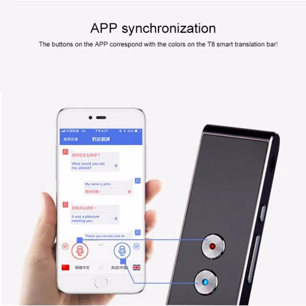Black wireless voice translator with Bluetooth on white background next to smart phone