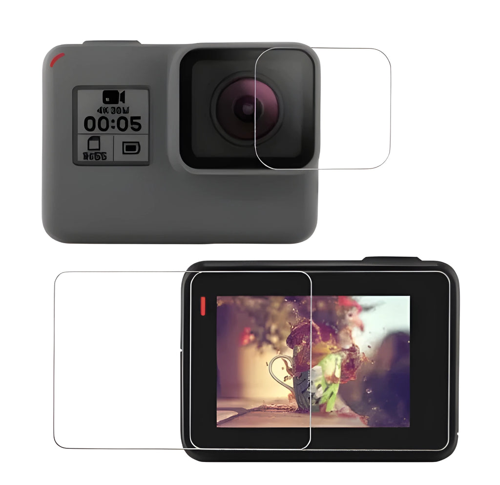 GoPro Hero 5 6 7 transparent tempered glass lens and LCD screen protector films laid flat.