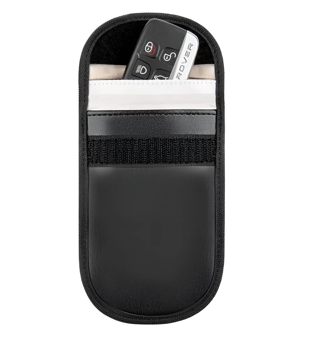 Black microfiber RFID signal blocker bag measuring 13.5 by 9.5 centimetres for car key and card protection