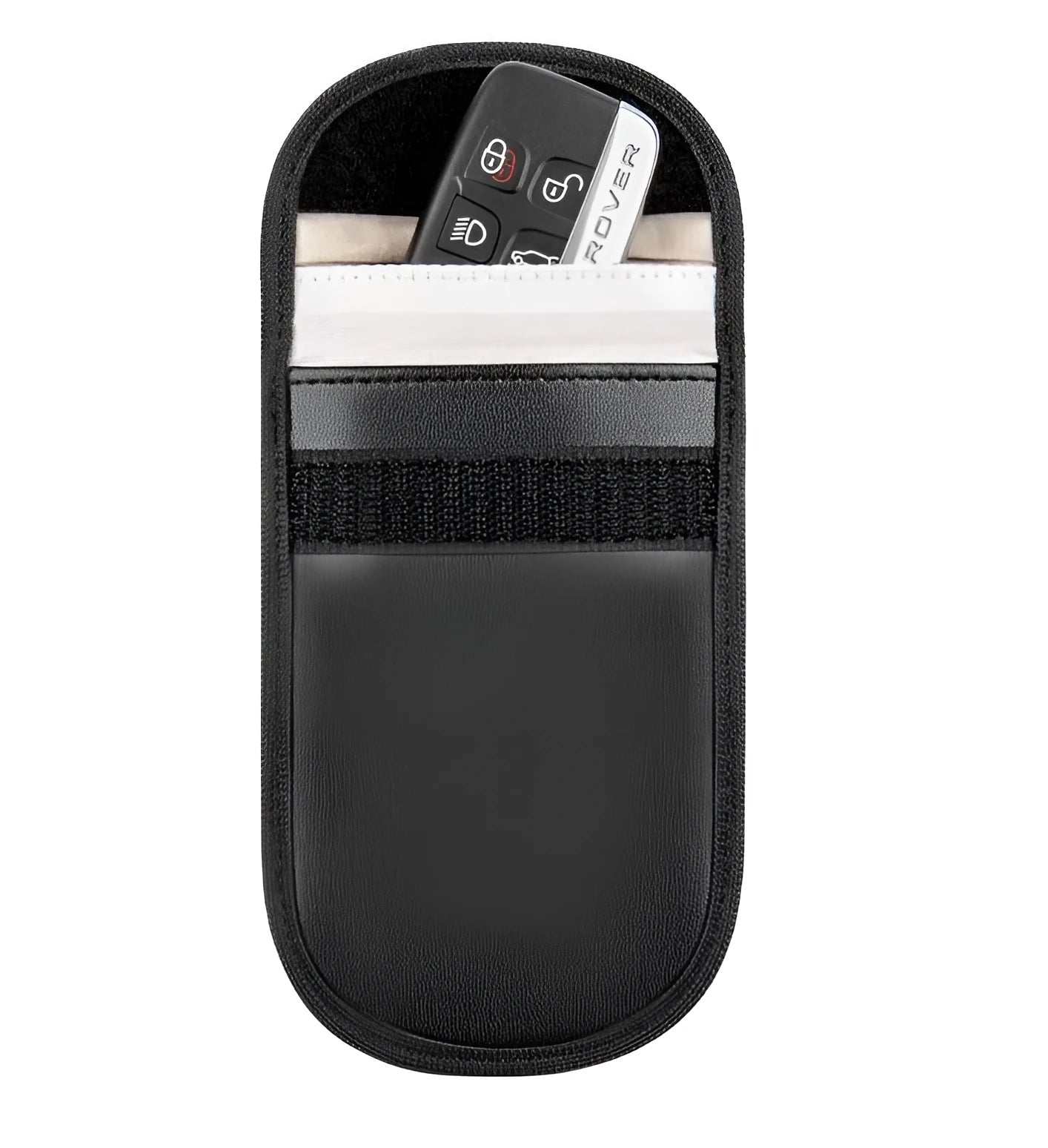 Black microfiber RFID signal blocker bag measuring 13.5 by 9.5 centimetres for car key and card protection