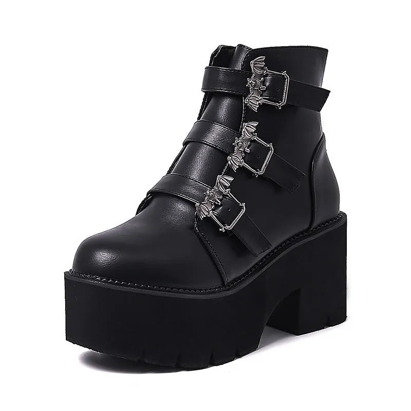 Black ladies punk gothic ankle boots with bat buckle decoration and chunky platform heel