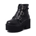 Black ladies punk gothic ankle boots with bat buckle decoration and chunky platform heel