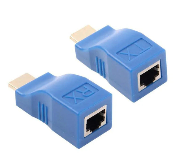 HDMI extender transmitter and receiver kit for extending 1080p signals up to 30m using Cat-6 cable.