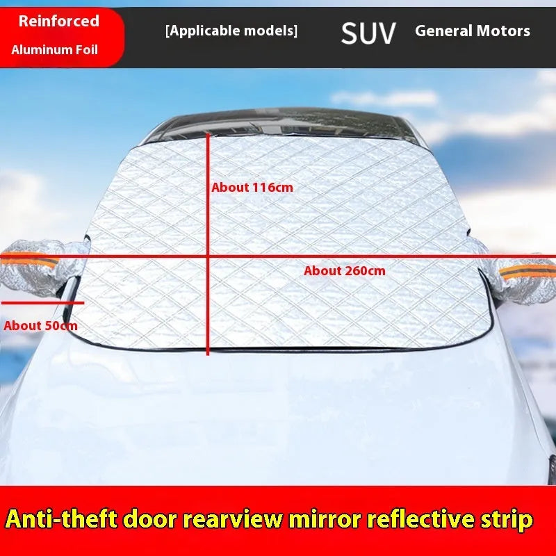 Large luxury aluminium foil winter car cover for SUVs with five black magnetic fasteners and silver reflective edge stripes.