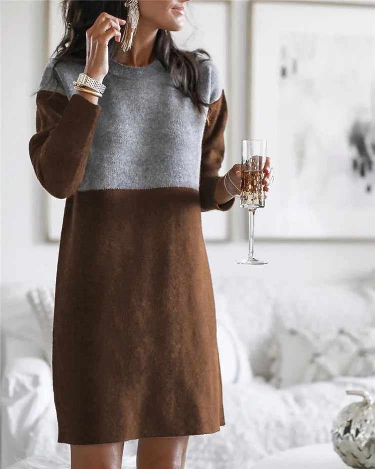 Brown women's polar fleece patchwork skirt dress with collage stitching and long sleeves