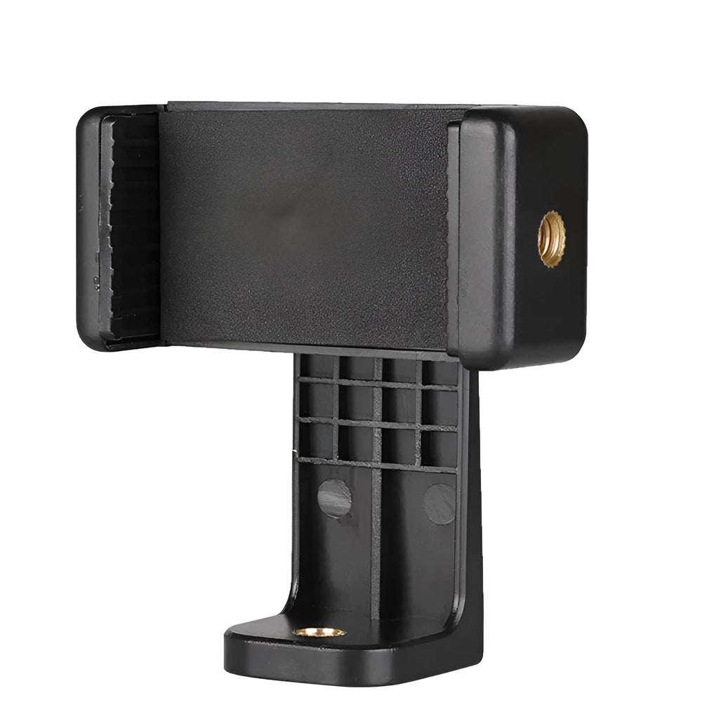 Black plastic rotating phone holder with clamp mechanism showing 10x4x3.5mm dimensions