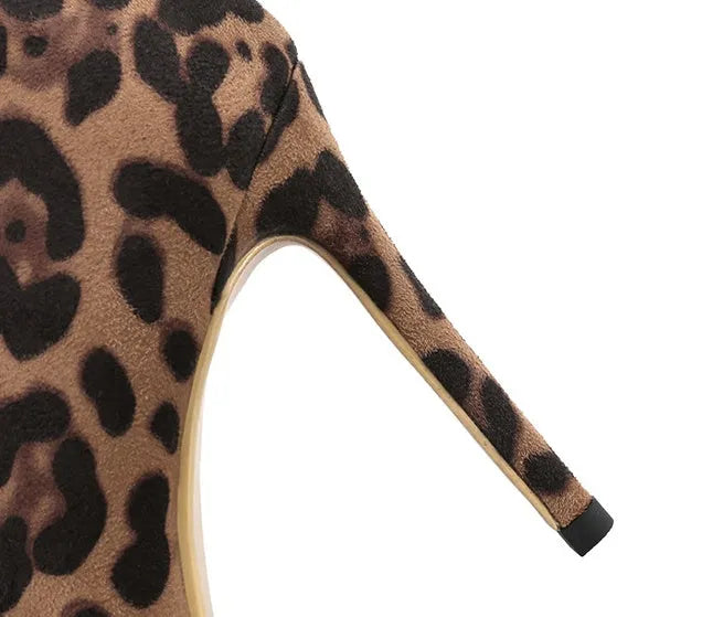 Leopard print women's pumps with 10cm stiletto heel pointed toe slip-on flock upper