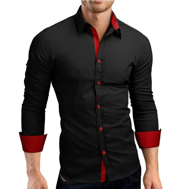 Plus size men's slim fit cotton cardigan shirt with lapel collar, long sleeves, available in navy blue