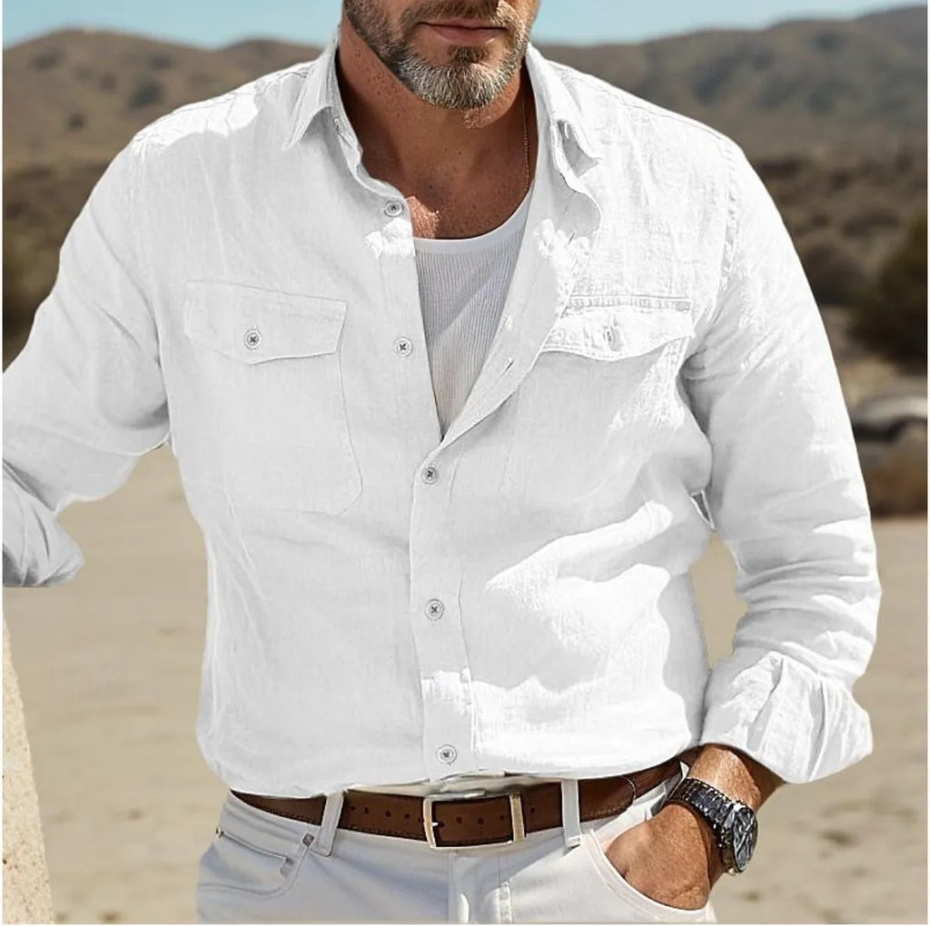 Men's long-sleeved cotton linen summer shirt in loose fit, solid colour options