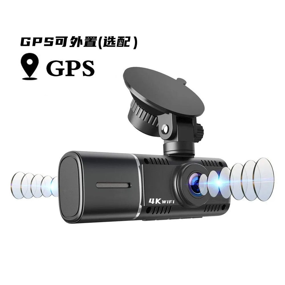 Black car dashcam with 1.5-inch screen showing dual camera recording display for front and rear vehicle monitoring