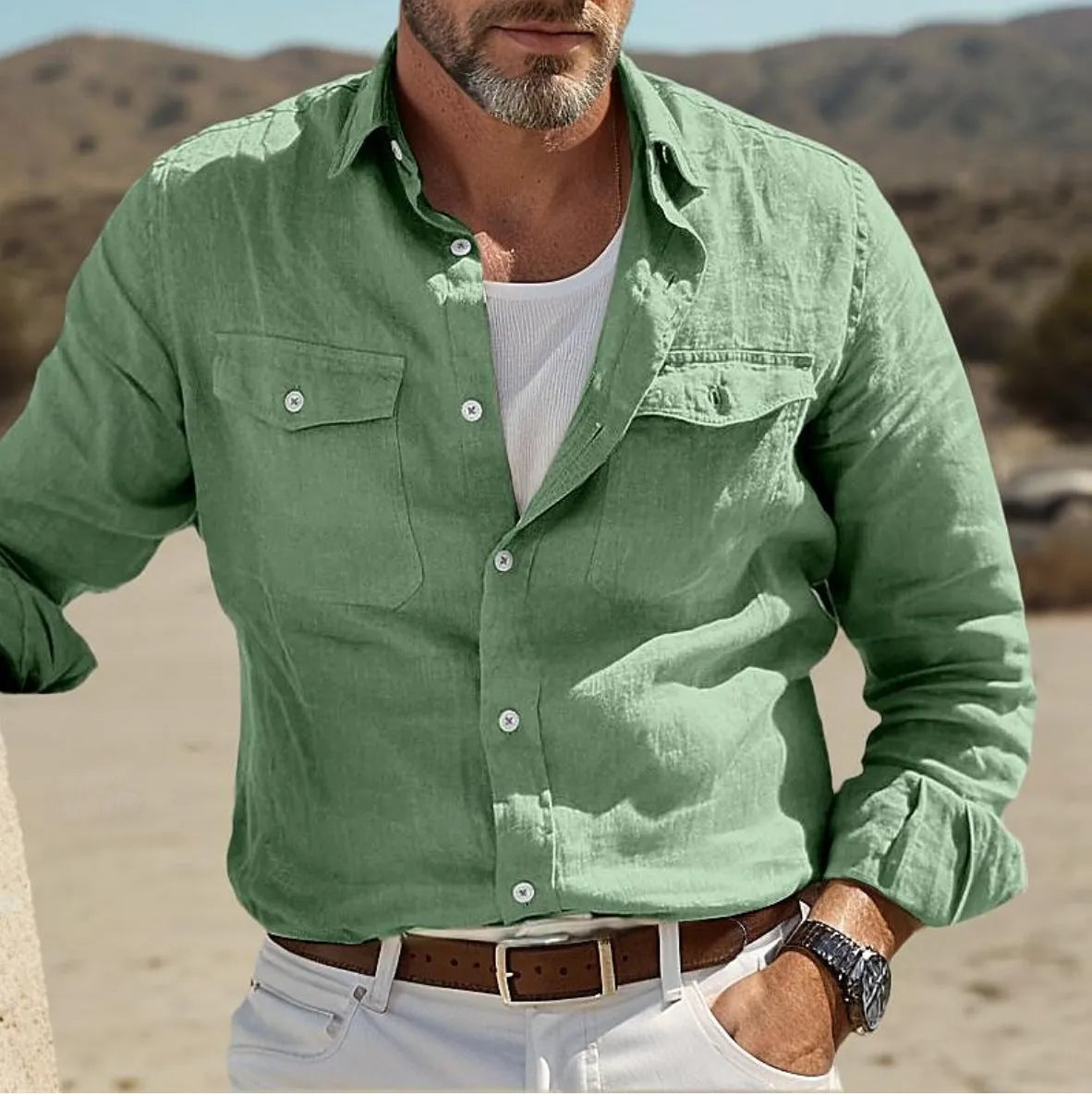 Men's long-sleeved cotton linen summer shirt in loose fit, solid colour options