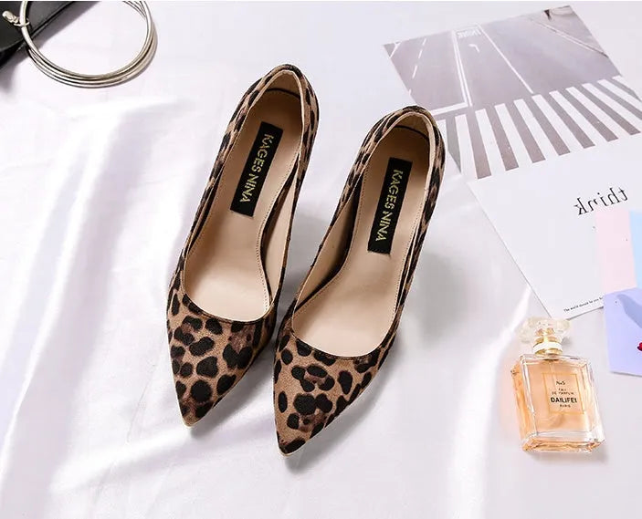 Leopard print women's pumps with 10cm stiletto heel pointed toe slip-on flock upper