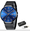 Men's stainless steel watch with 40mm case on adjustable strap in black, blue, or two-tone colour