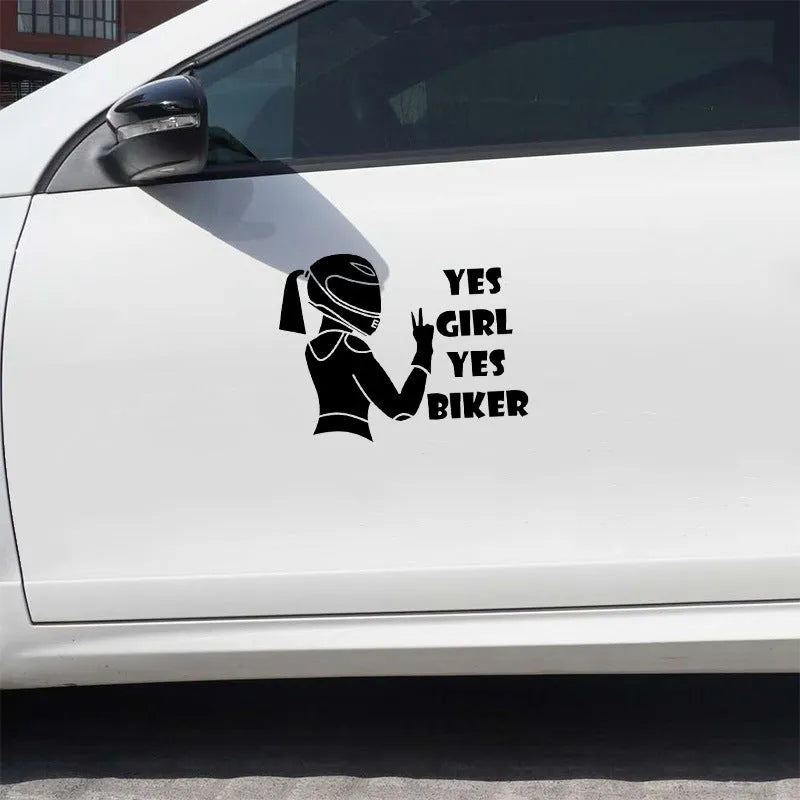 Cool girl rider waterproof car sticker with motorcycle theme, 16cm by 15cm PET vinyl