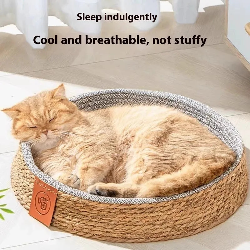 Rattan woven cat bed pet nest in a cage style, shown in a natural colour.