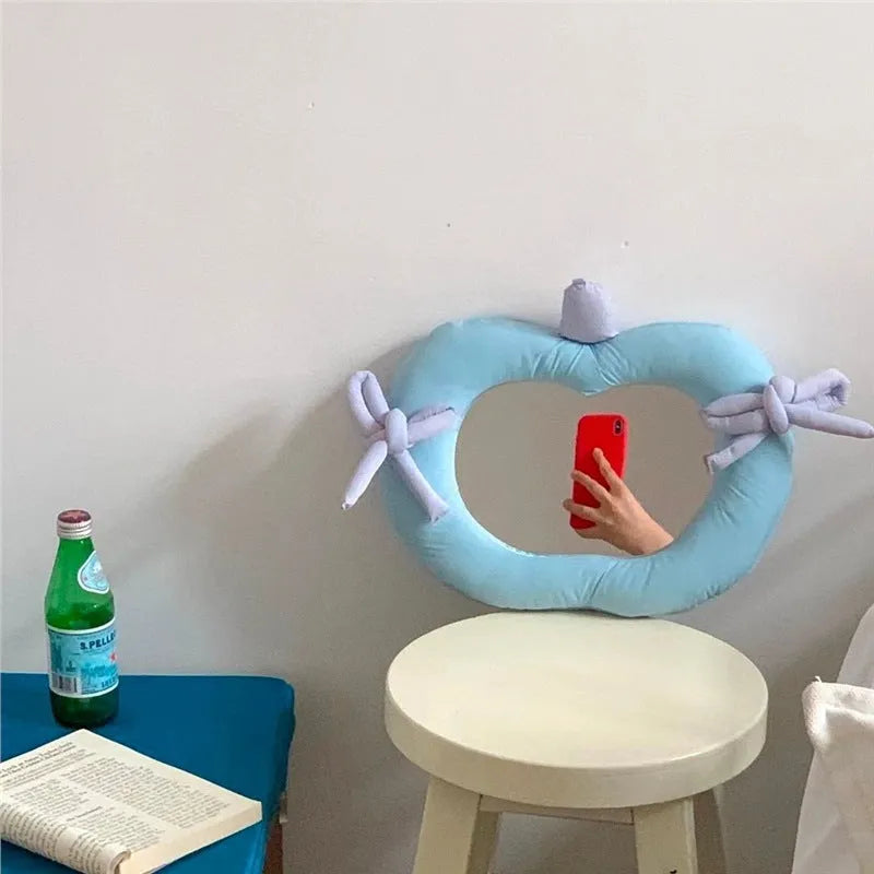 Korean-style decorative wall mirror with soft fabric pillow border in green or blue