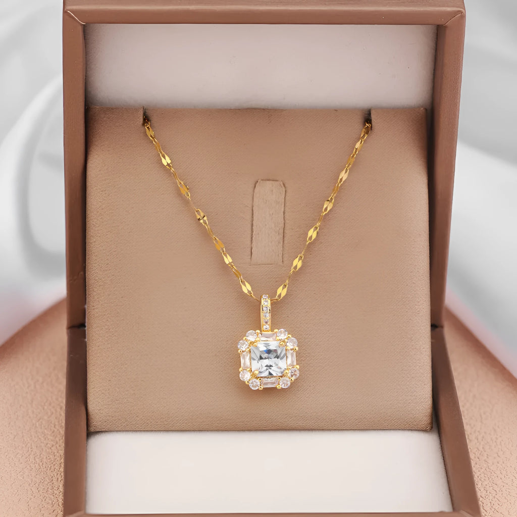Gold titanium steel clavicle necklace with geometric zircon pendant and water wave chain