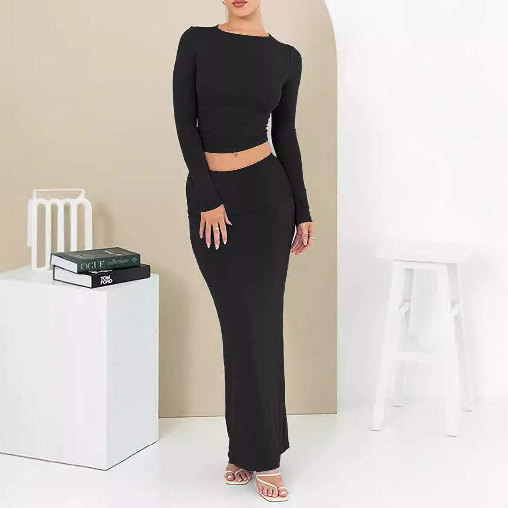 Women's autumn two-piece suit set with three-quarter sleeves and long skirt in polyester fabric