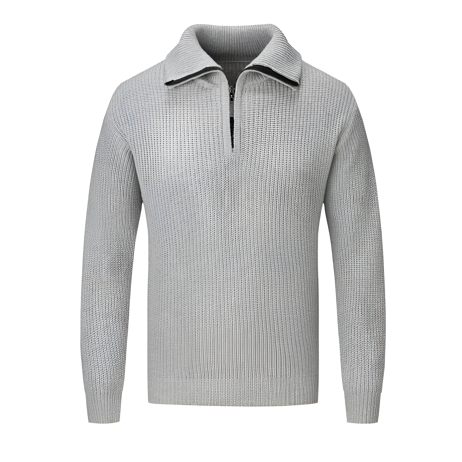 Men's solid colour slim fit pullover sweater in a wool blend fabric on a grey background.