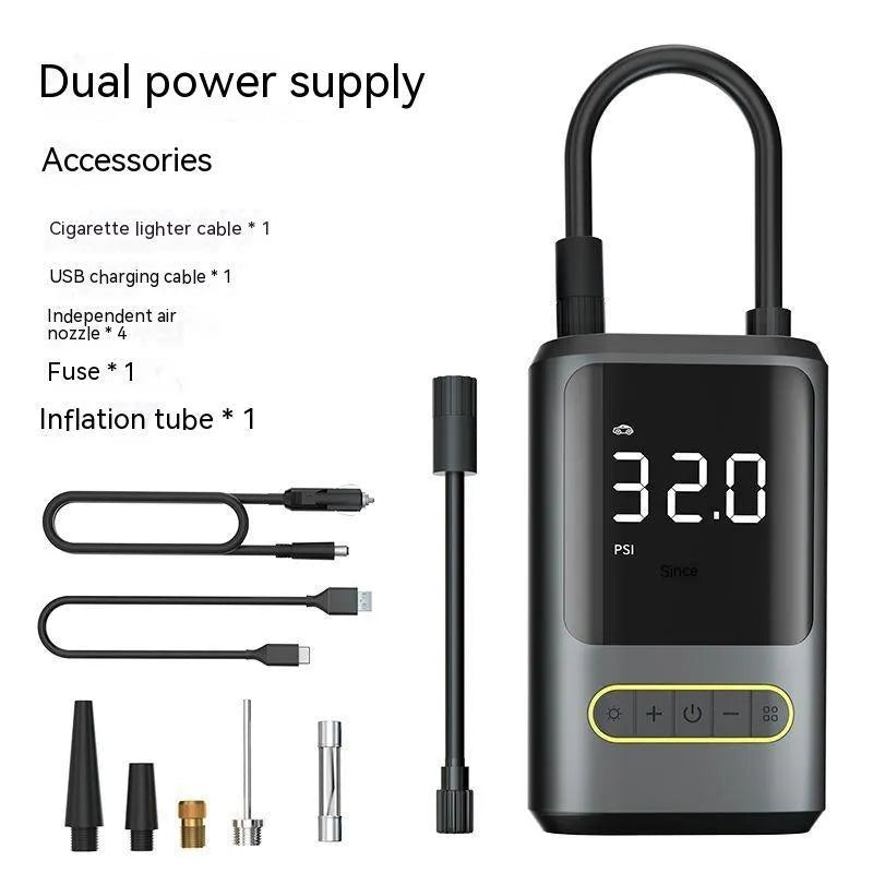 Handheld wireless digital display car tyre inflator pump with LED light and four air nozzles