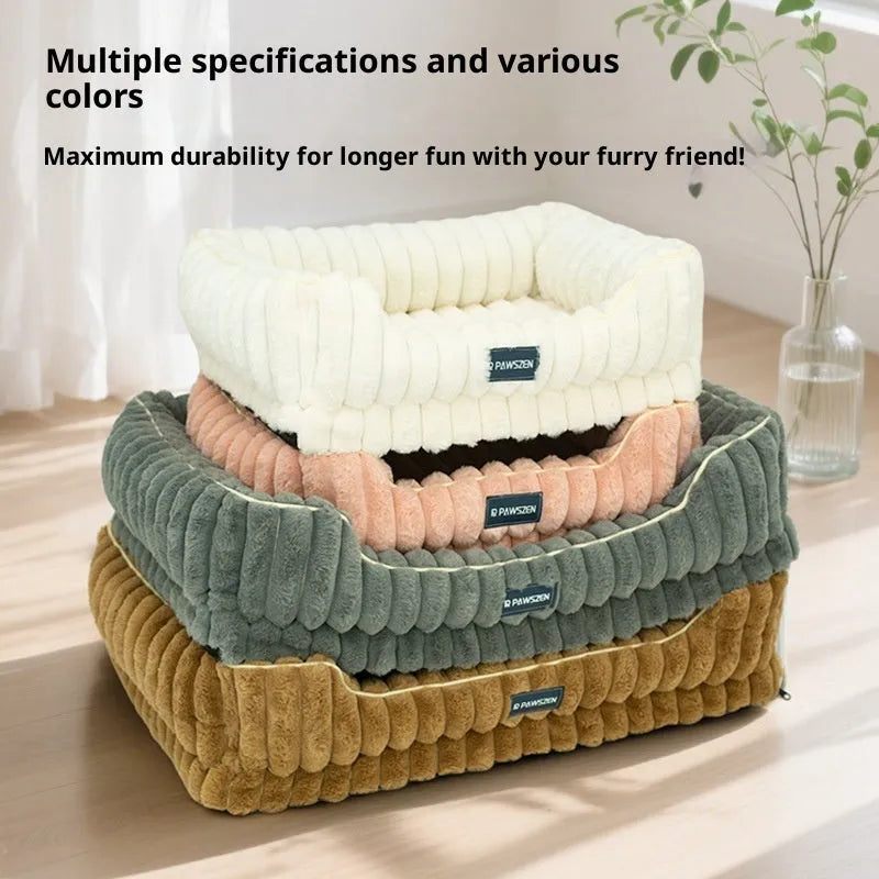 Striped rabbit fur pet bed in large square shape with removable cover for dogs