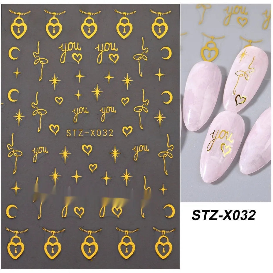 Set of 60 black and silver cartoon pattern nail strip stickers with plastic application patch.
