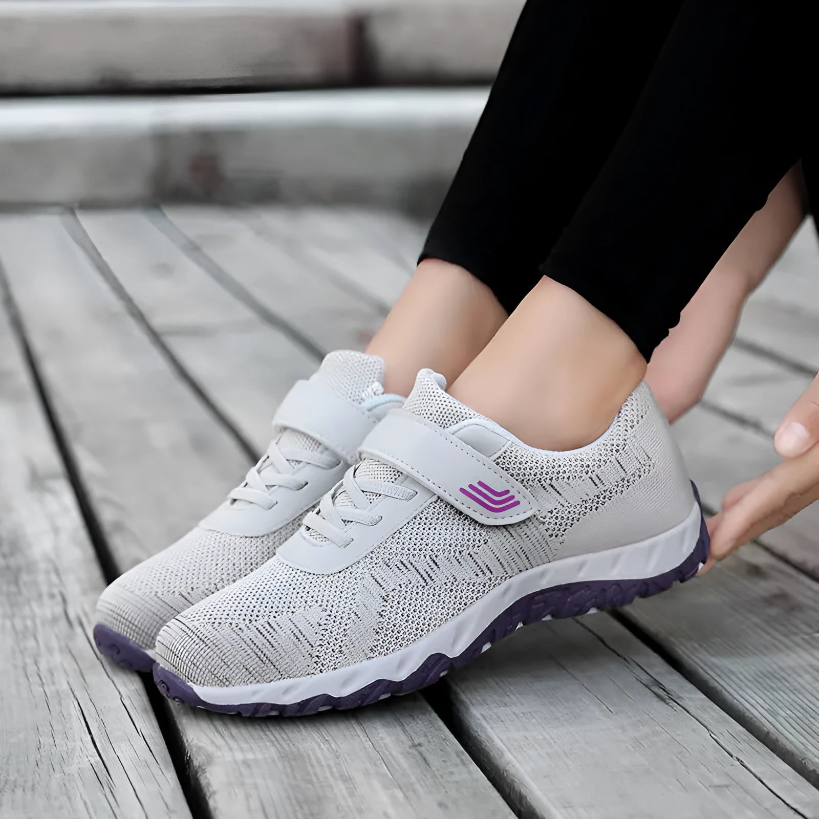 Women's grey purple wedge heel shoes with velcro strap and mesh upper