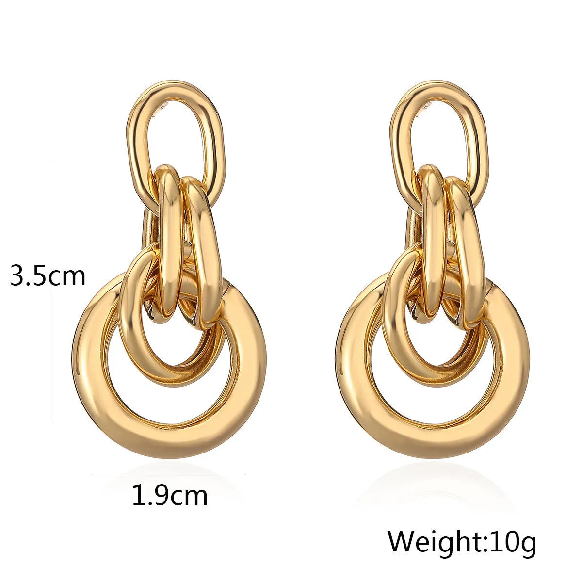 A pair of gold-colour geometric earrings with an irregular, high-profile design on a white background.