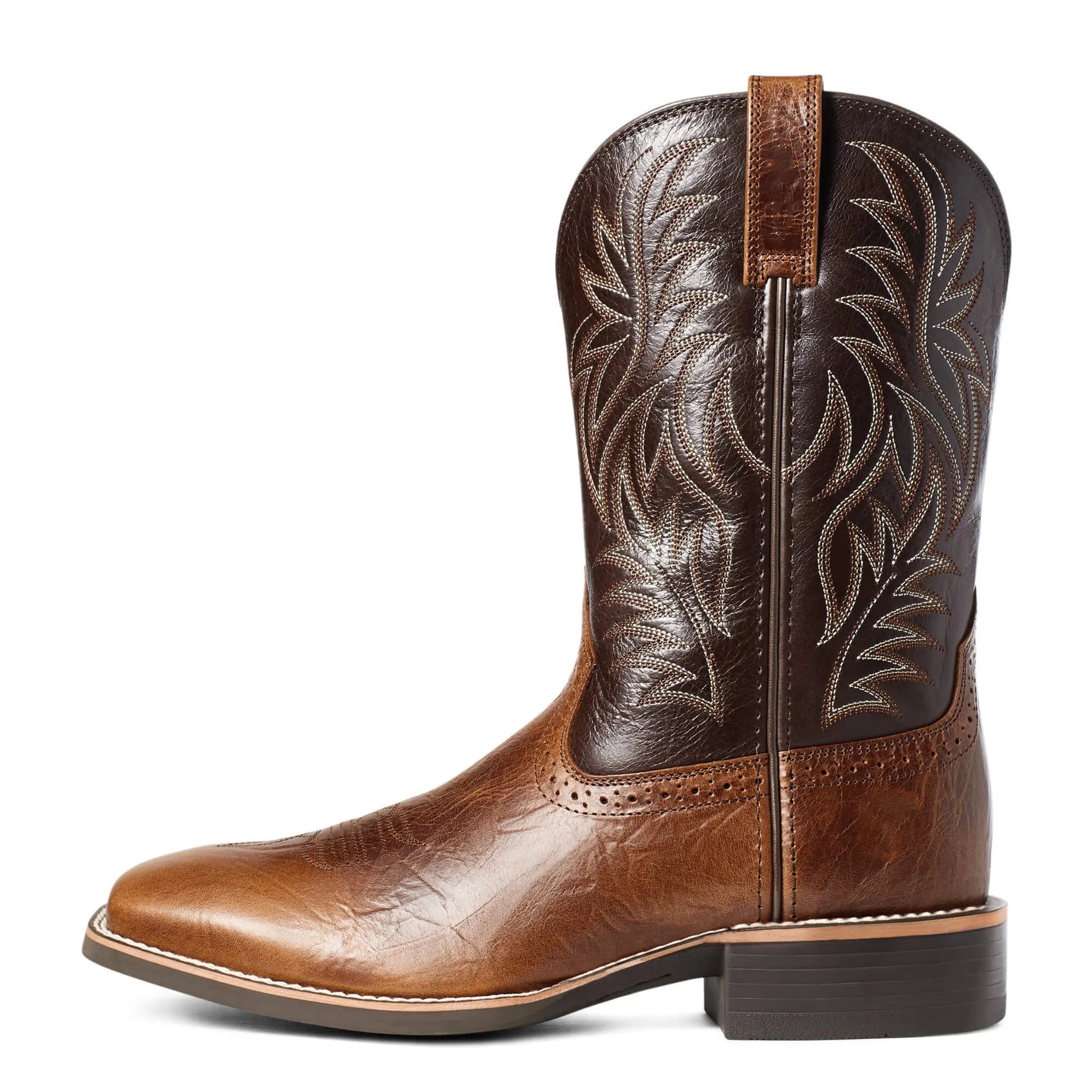 Men's black western cowboy boots with high embroidery stitching and wide square toe